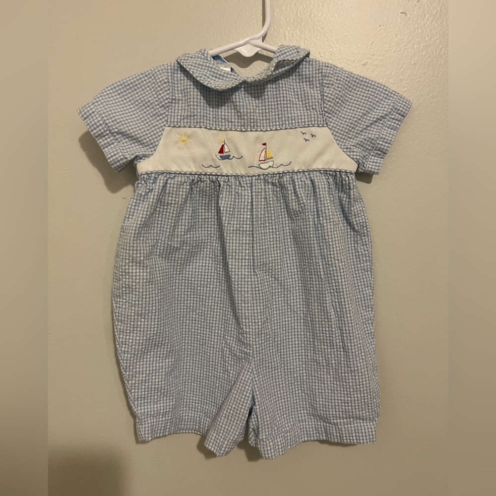 Blue Gingham Baby Shortall Sailboat Embroidery